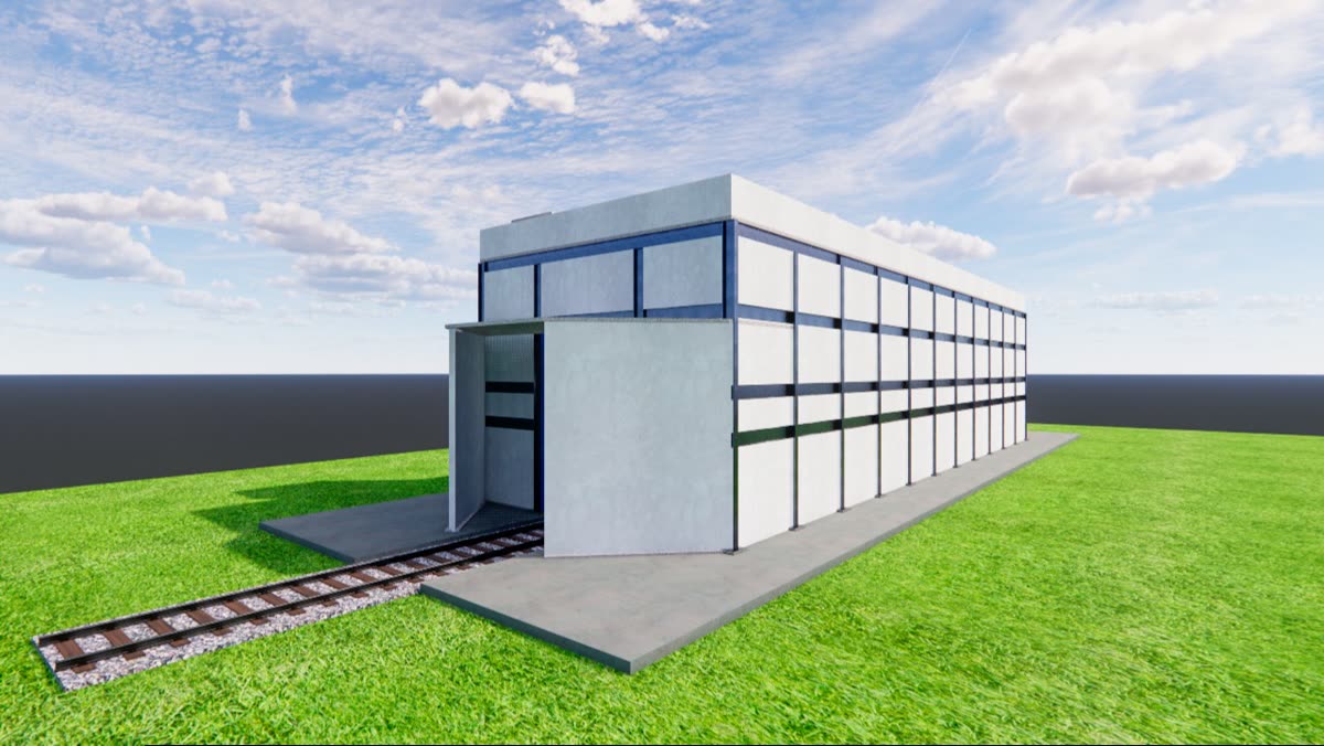 Modelo BIM da oficina de locomotivas com estrutura metálica e fechamentos